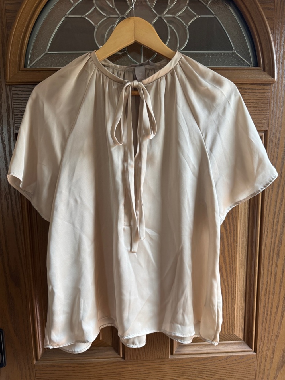 H&M Light Beige Tie-Neck Short Sleeve Blouse